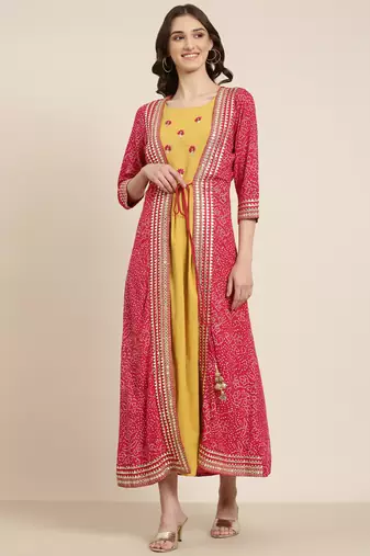 women's ankle length round neck mustard solid anarkali kurta