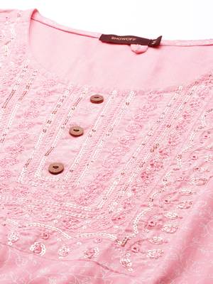 Showoff women's calf length round neck pink woven design straight kurta 2