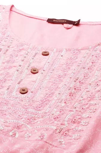 Showoff women's calf length round neck pink woven design straight kurta