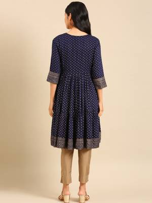 women's calf length round neck navy blue ethnic motifs anarkali kurta 5