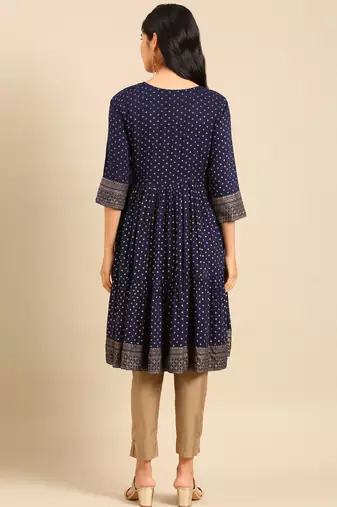 women's calf length round neck navy blue ethnic motifs anarkali kurta