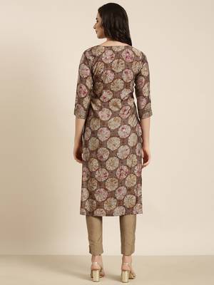 women's calf length round neck brown abstract straight kurta 4