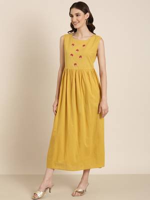 women's ankle length round neck mustard solid anarkali kurta 4