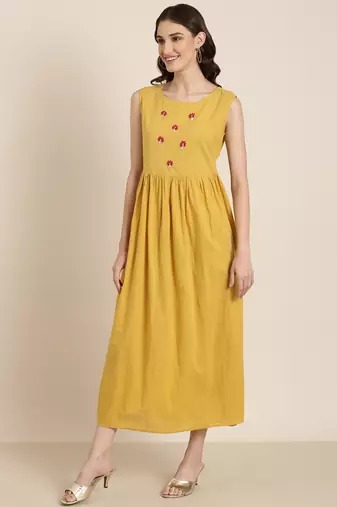 women's ankle length round neck mustard solid anarkali kurta