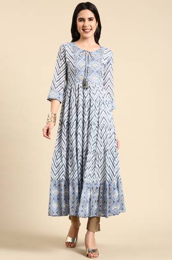 women's ankle length keyhole neck blue chevron anarkali kurta