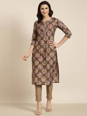women's calf length round neck brown abstract straight kurta 5