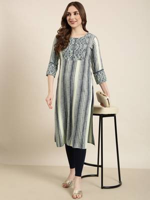 women's calf length round neck sea green striped straight kurta 1