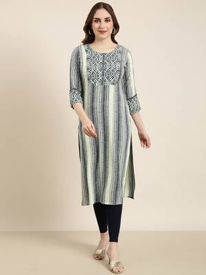 women's calf length round neck sea green striped straight kurta 2
