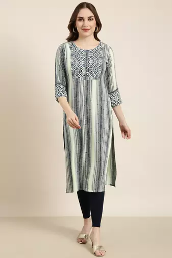women's calf length round neck sea green striped straight kurta
