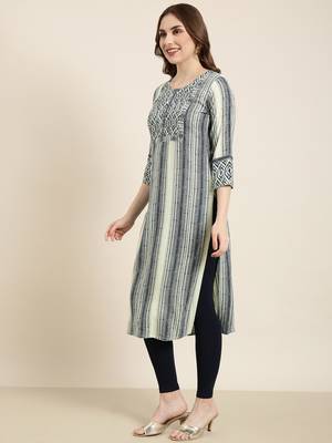 women's calf length round neck sea green striped straight kurta 3