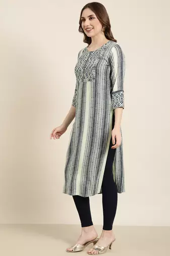 women's calf length round neck sea green striped straight kurta