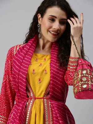 Showoff women's calf length round neck yellow bandhani anarkali kurta 1