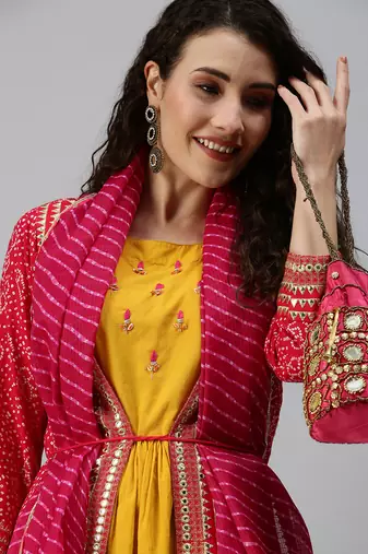 Showoff women's calf length round neck yellow bandhani anarkali kurta