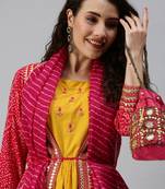 Showoff women's calf length round neck yellow bandhani anarkali kurta