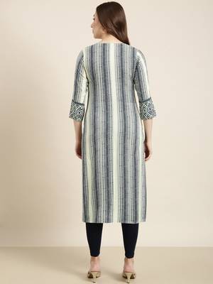 women's calf length round neck sea green striped straight kurta 4