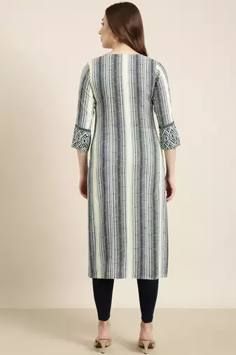 women's calf length round neck sea green striped straight kurta