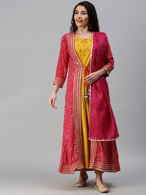 Showoff women's calf length round neck yellow bandhani anarkali kurta 2