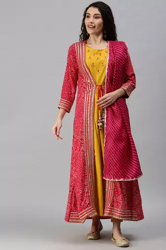 Showoff women's calf length round neck yellow bandhani anarkali kurta