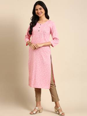 Showoff women's calf length round neck pink woven design straight kurta 3
