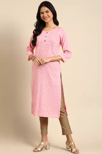 Showoff women's calf length round neck pink woven design straight kurta