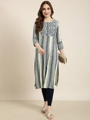 women's calf length round neck sea green striped straight kurta 5