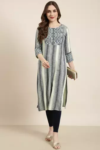 women's calf length round neck sea green striped straight kurta