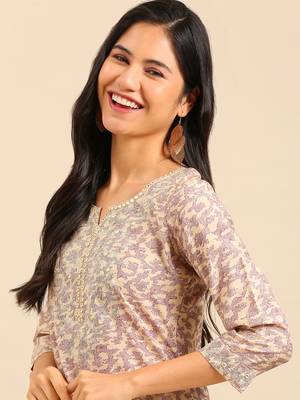 women's calf length round neck beige abstract straight kurta 1