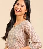 women's calf length round neck beige abstract straight kurta