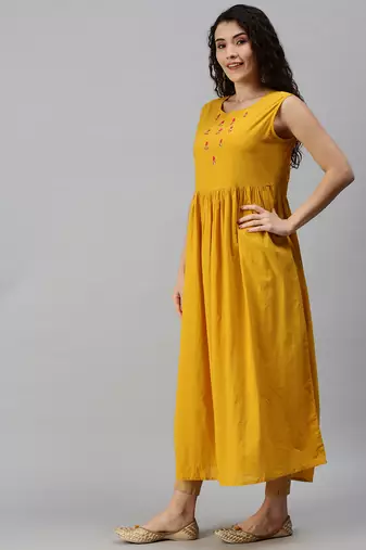 Showoff women's calf length round neck yellow bandhani anarkali kurta