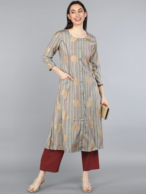 women taupe cotton striped printed a-line kurta 5