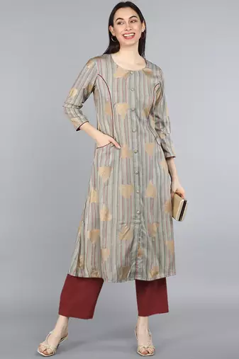 women taupe cotton striped printed a-line kurta