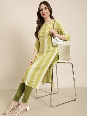 women's calf length round neck green striped straight kurta 1