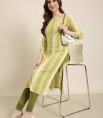 women's calf length round neck green striped straight kurta