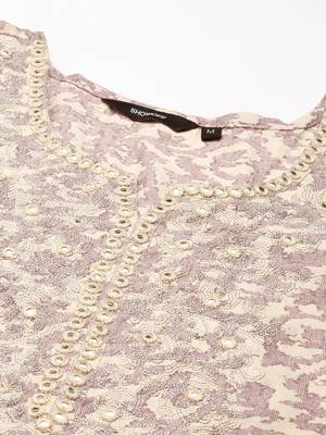 women's calf length round neck beige abstract straight kurta 2