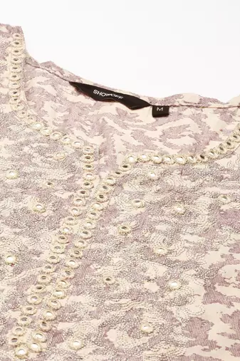 women's calf length round neck beige abstract straight kurta