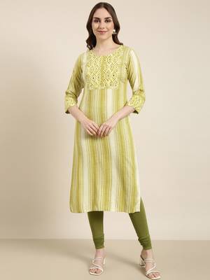 women's calf length round neck green striped straight kurta 2
