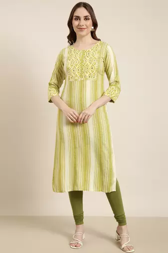 women's calf length round neck green striped straight kurta