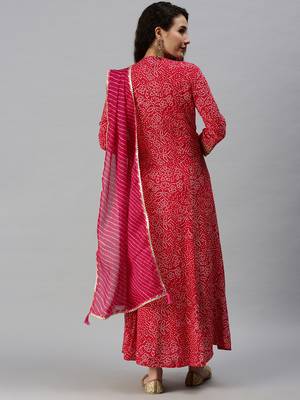 Showoff women's calf length round neck yellow bandhani anarkali kurta 4