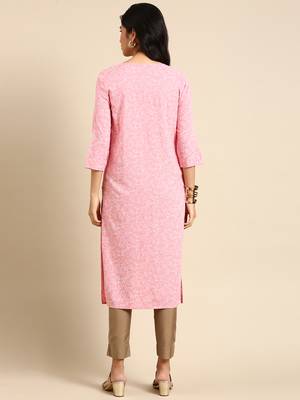 Showoff women's calf length round neck pink woven design straight kurta 4