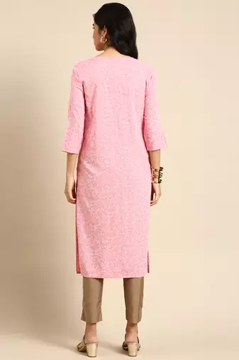 Showoff women's calf length round neck pink woven design straight kurta