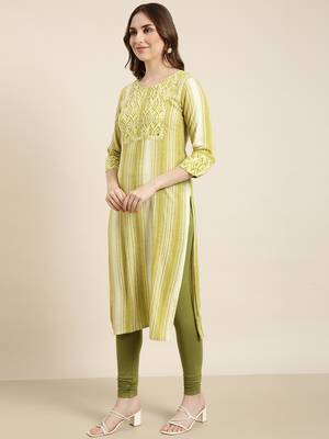 women's calf length round neck green striped straight kurta 3