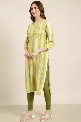 women's calf length round neck green striped straight kurta