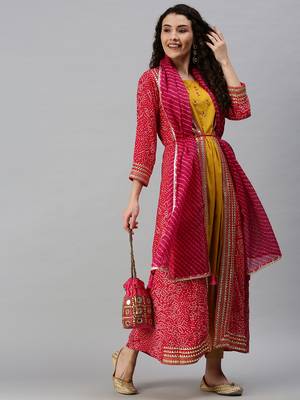 Showoff women's calf length round neck yellow bandhani anarkali kurta 5