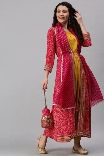 Showoff women's calf length round neck yellow bandhani anarkali kurta