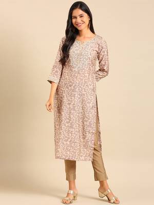 women's calf length round neck beige abstract straight kurta 4