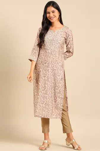 women's calf length round neck beige abstract straight kurta