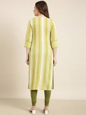 women's calf length round neck green striped straight kurta 4