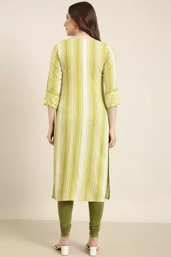 women's calf length round neck green striped straight kurta