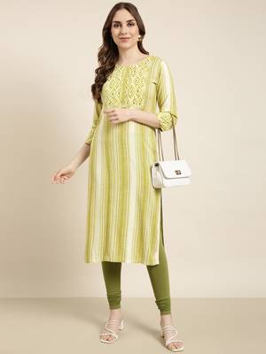 women's calf length round neck green striped straight kurta 5