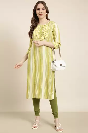 women's calf length round neck green striped straight kurta
